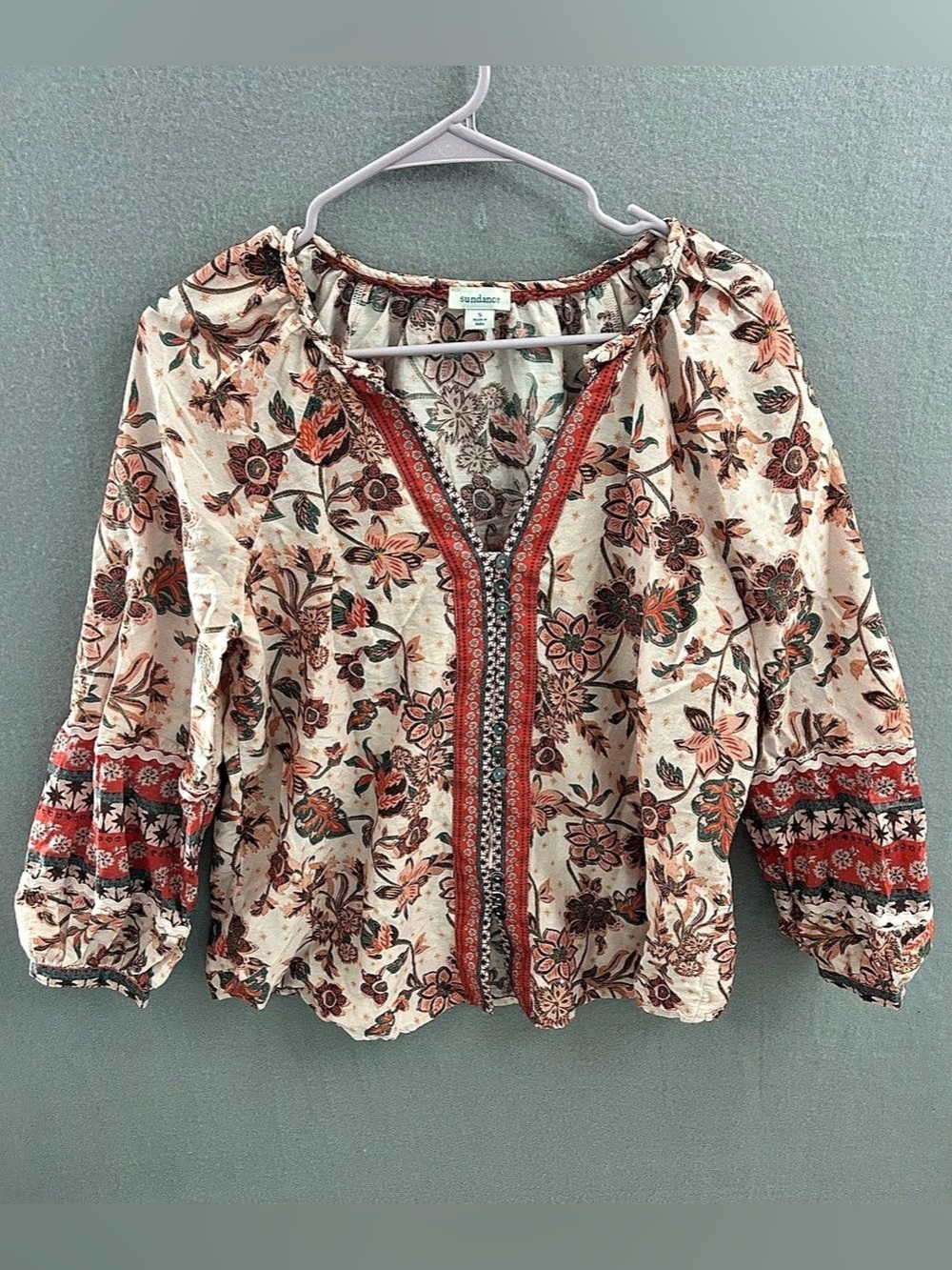 Sundance Arvilla Floral Silk Blend Long Sleeve Top Bohemian Tunic Sz Small